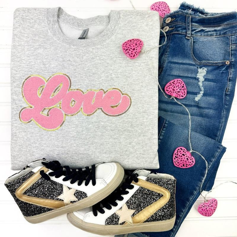 Light Pink Chenille LOVE Patch Sweatshirt T-Shirts, Hoodie | WearSparks.com