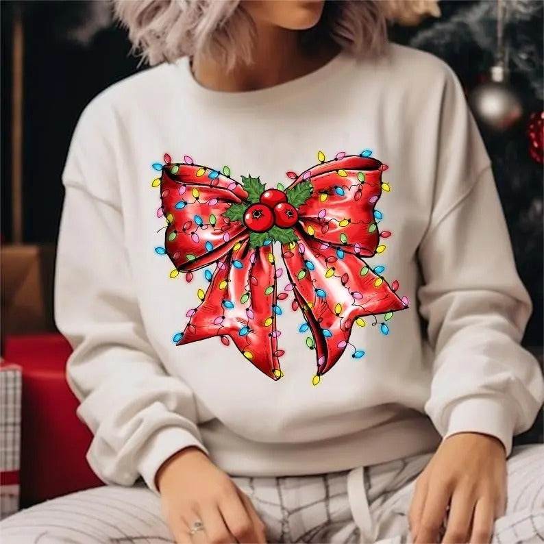 Light Red Bow Christmas Sweatshirt, Coquette Sweatshirt,  Cute Bow Shirt for Women, Women Gift for Christmas, Xmas Vibes,...