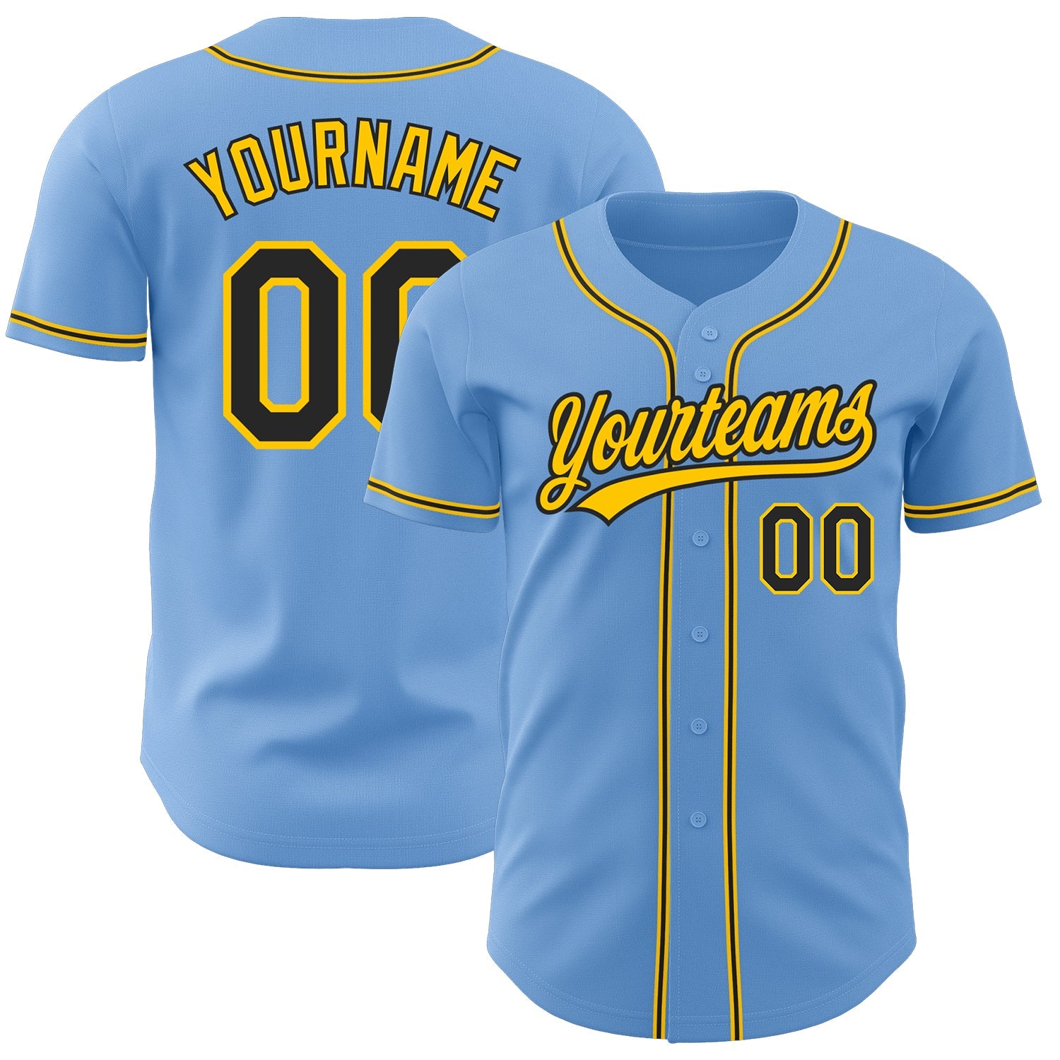 Custom Light Blue Black-Gold Authentic Baseball Jersey T-Shirts, Hoodie, Sweatshirt | WearSparks.com (Image 1)
