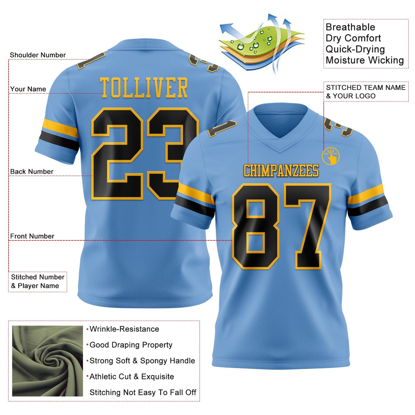 Custom Light Blue Black-Gold Authentic Football Jersey T-Shirts, Hoodie, Sweatshirt | WearSparks.com (Image 3)