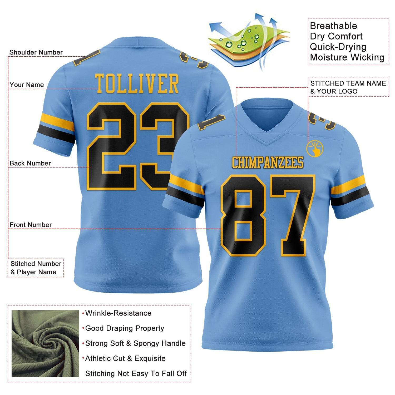 Custom Light Blue Black-Gold Authentic Football Jersey T-Shirts, Hoodie, Sweatshirt | WearSparks.com (Image 3)