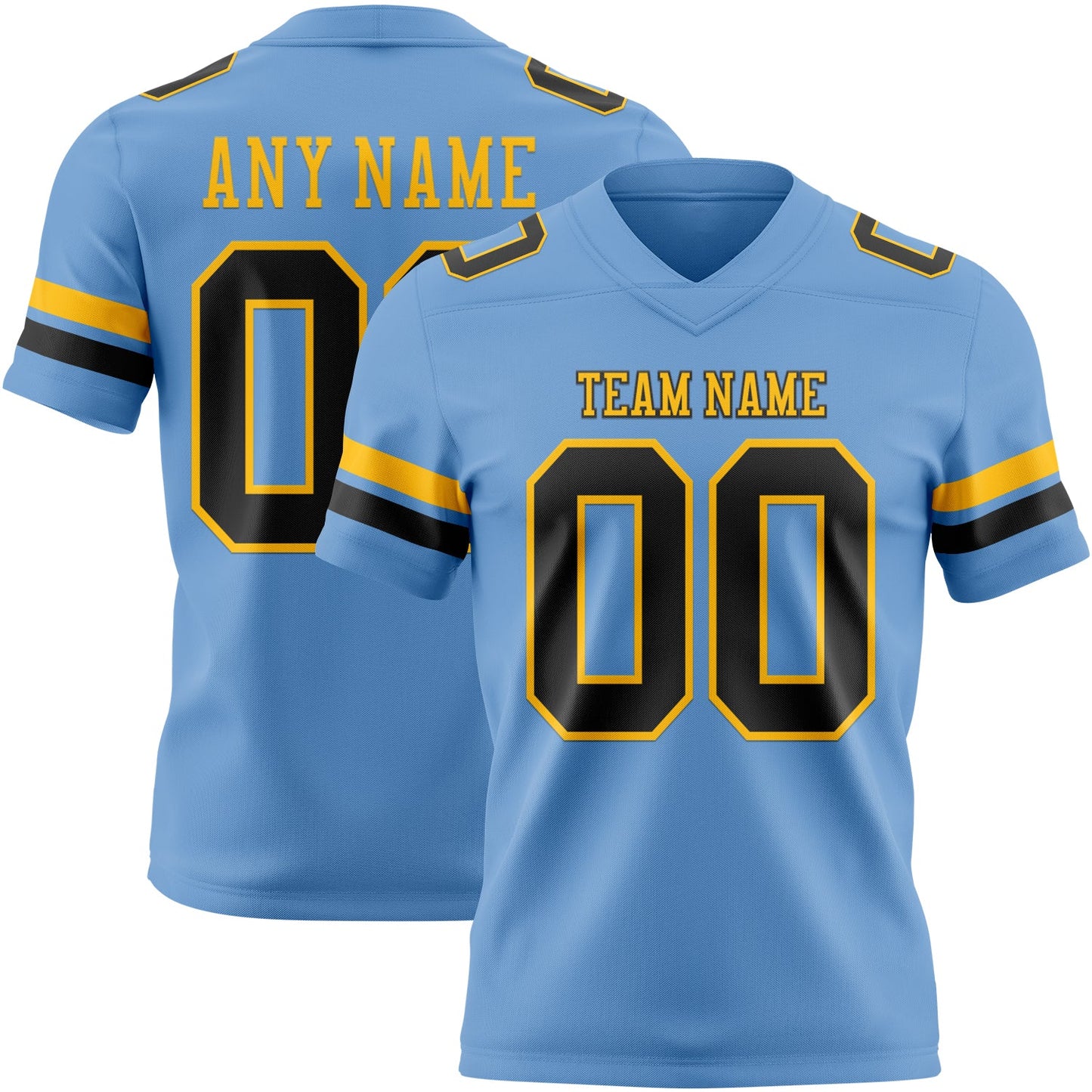 Custom Light Blue Black-Gold Authentic Football Jersey T-Shirts, Hoodie, Sweatshirt | WearSparks.com (Image 1)