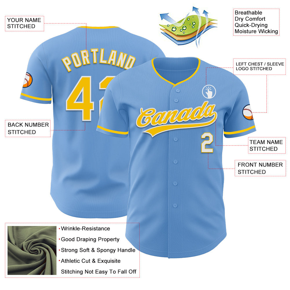 Custom Light Blue Yellow-White Authentic Baseball Jersey