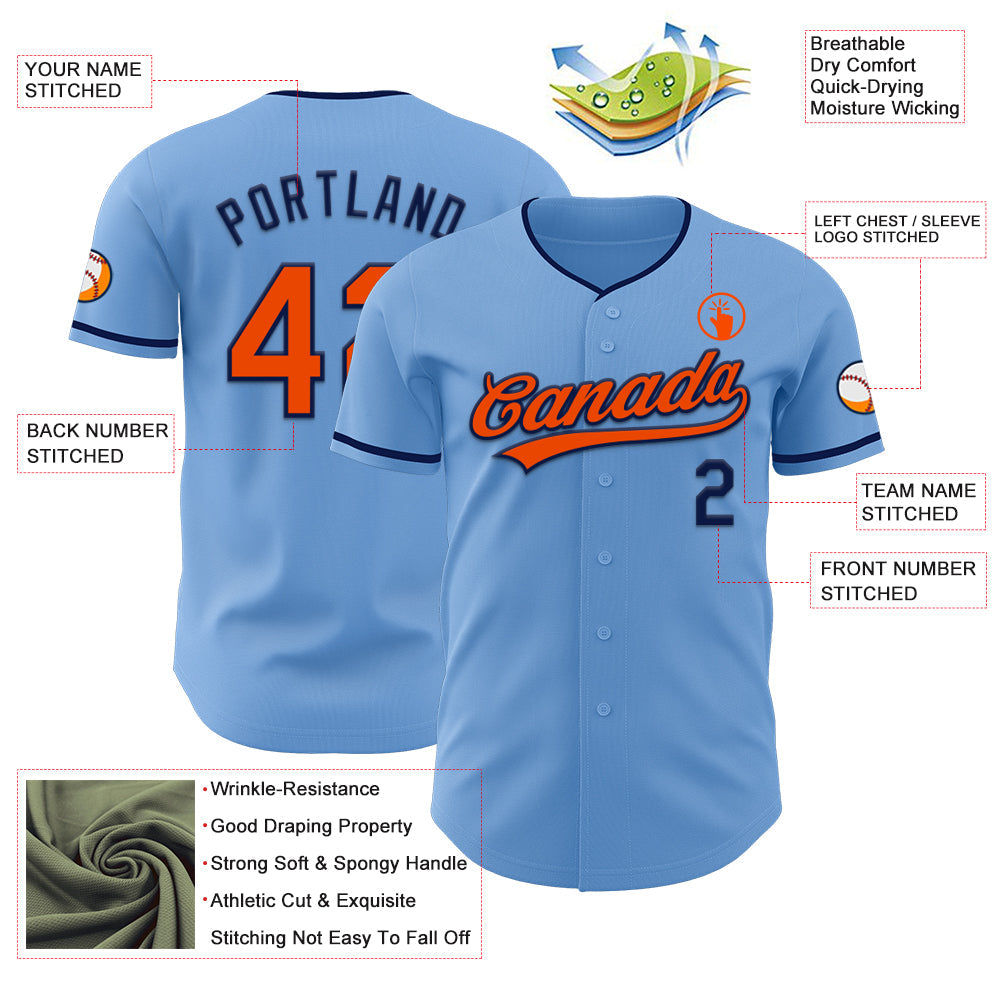 Custom Light Blue Orange-Navy Authentic Baseball Jersey
