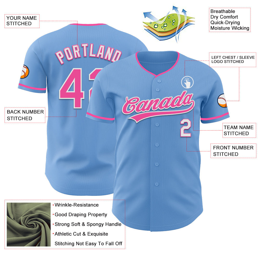 Custom Light Blue Pink-White Authentic Baseball Jersey