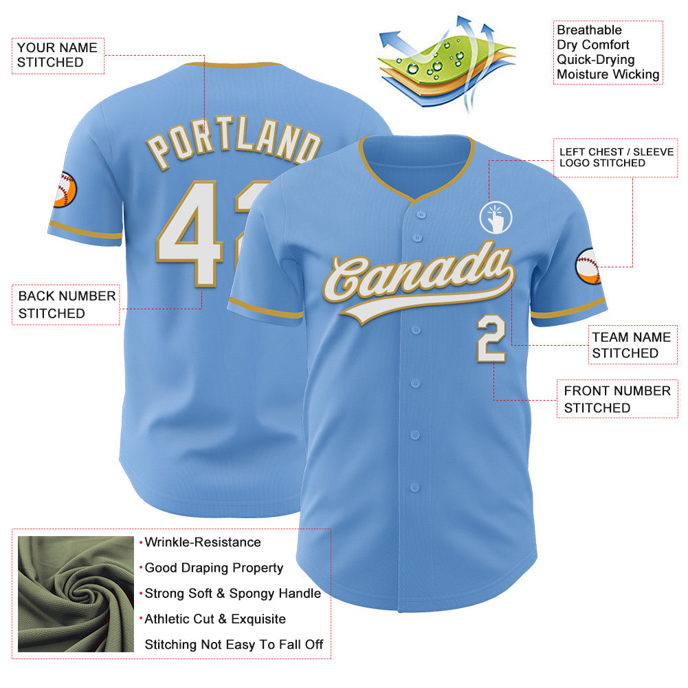 Custom Light Blue White-Old Gold Authentic Baseball Jersey