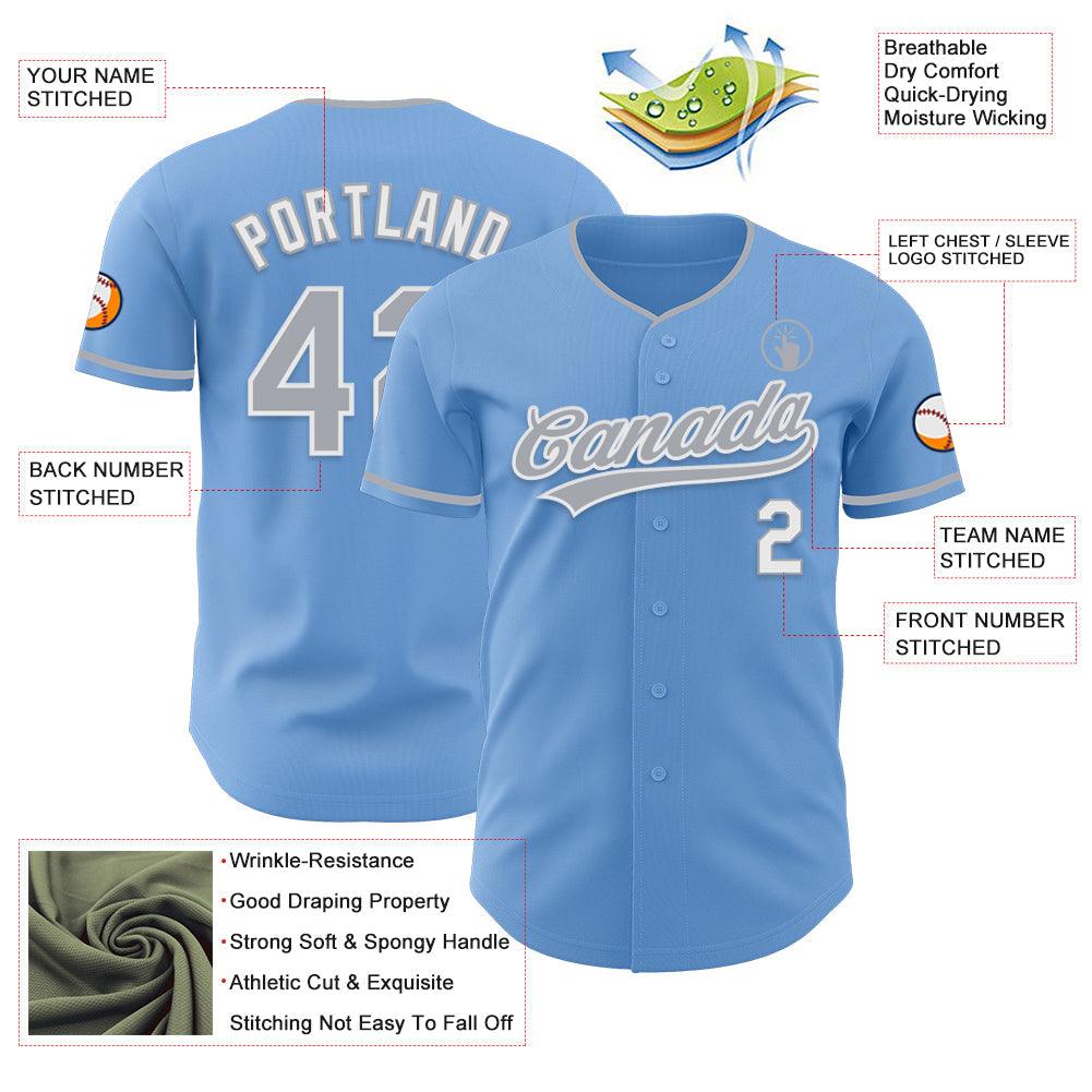 Custom Light Blue Gray-White Authentic Baseball Jersey
