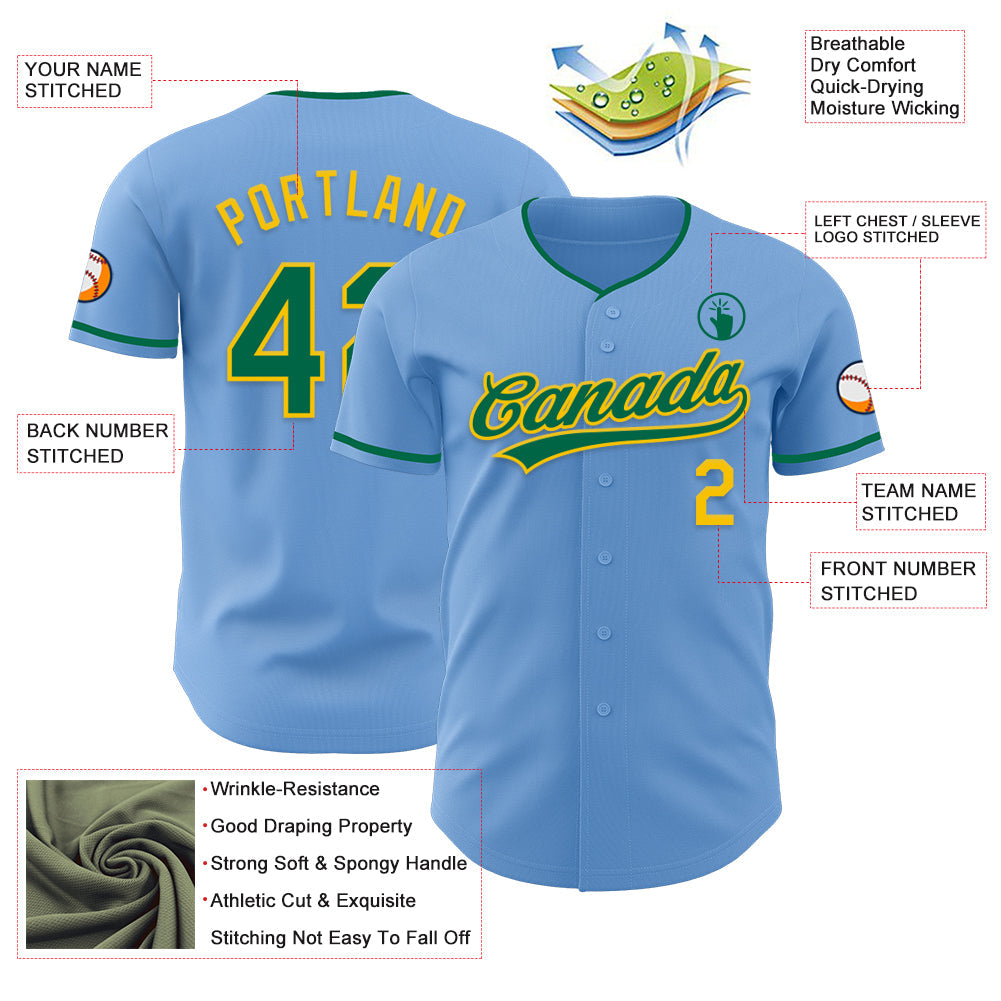 Custom Light Blue Kelly Green-Yellow Authentic Baseball Jersey