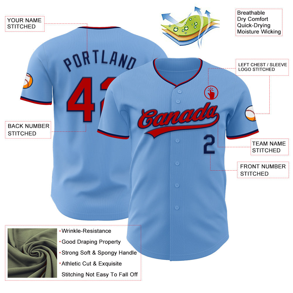 Custom Light Blue Red-Navy Authentic Baseball Jersey