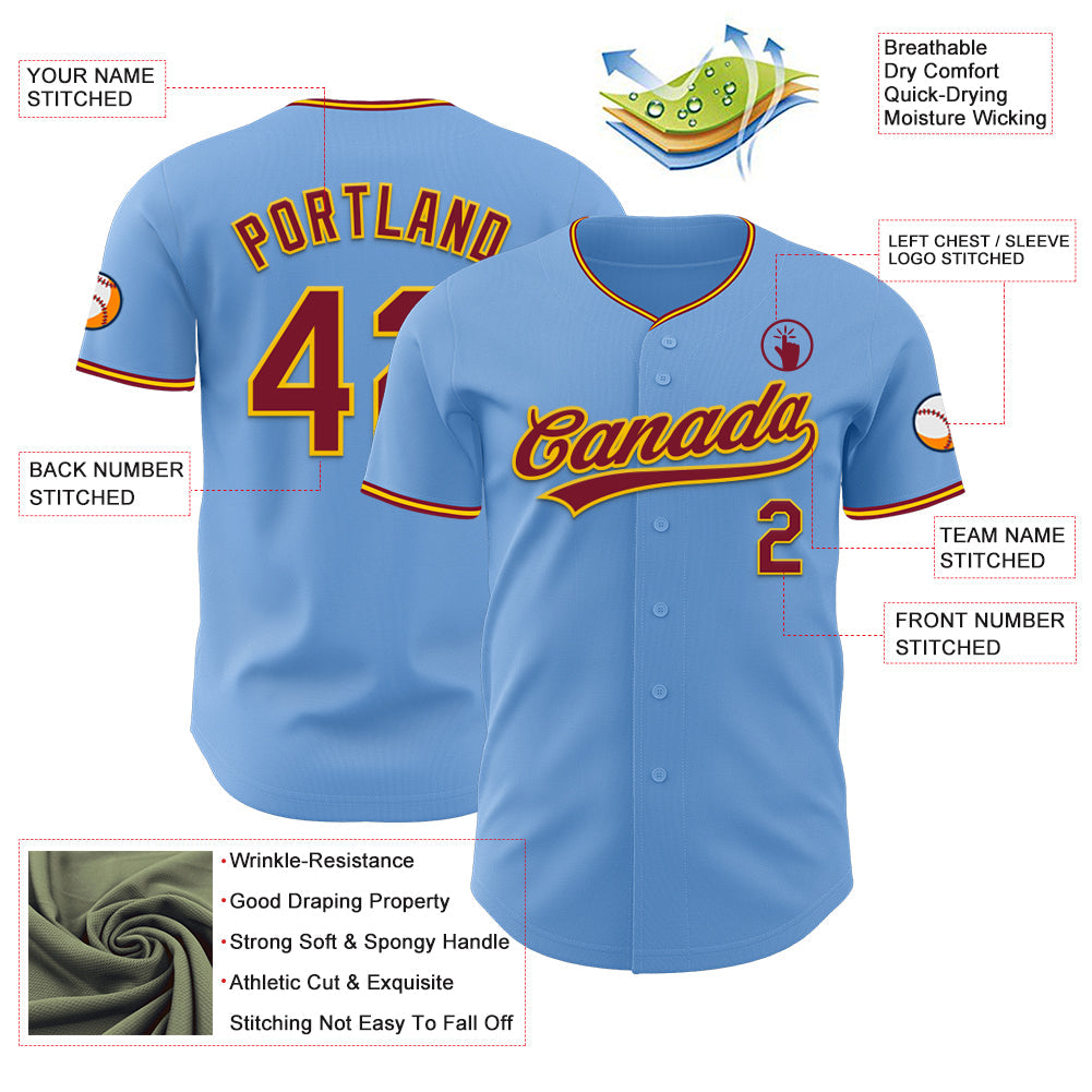 Custom Light Blue Crimson-Yellow Authentic Baseball Jersey