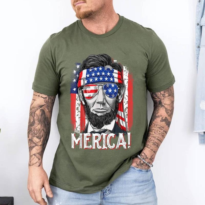 Lincoln 4th Of July Merica Abe Boys Men Women American Flag T-Shirt | Unisex Cotton Tee, Short Sleeve, Size S-3XL Hoodie,...