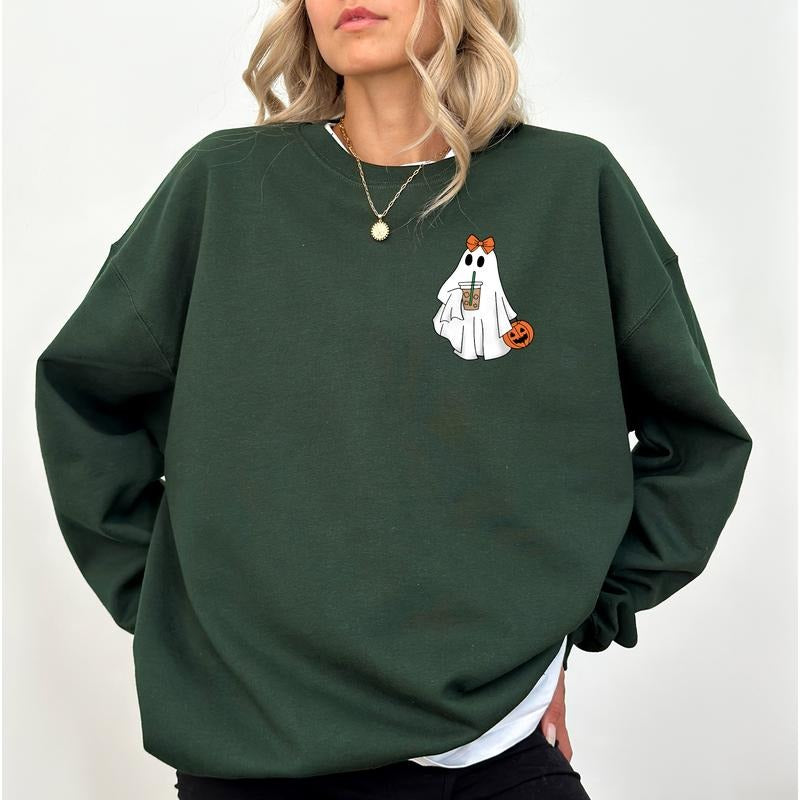 Little Ghost Ice Coffee Sweatshirt, Cute Ghost Crewneck for Women, Halloween Ghost with Coquette Bow Sweater, Fall Autumn...