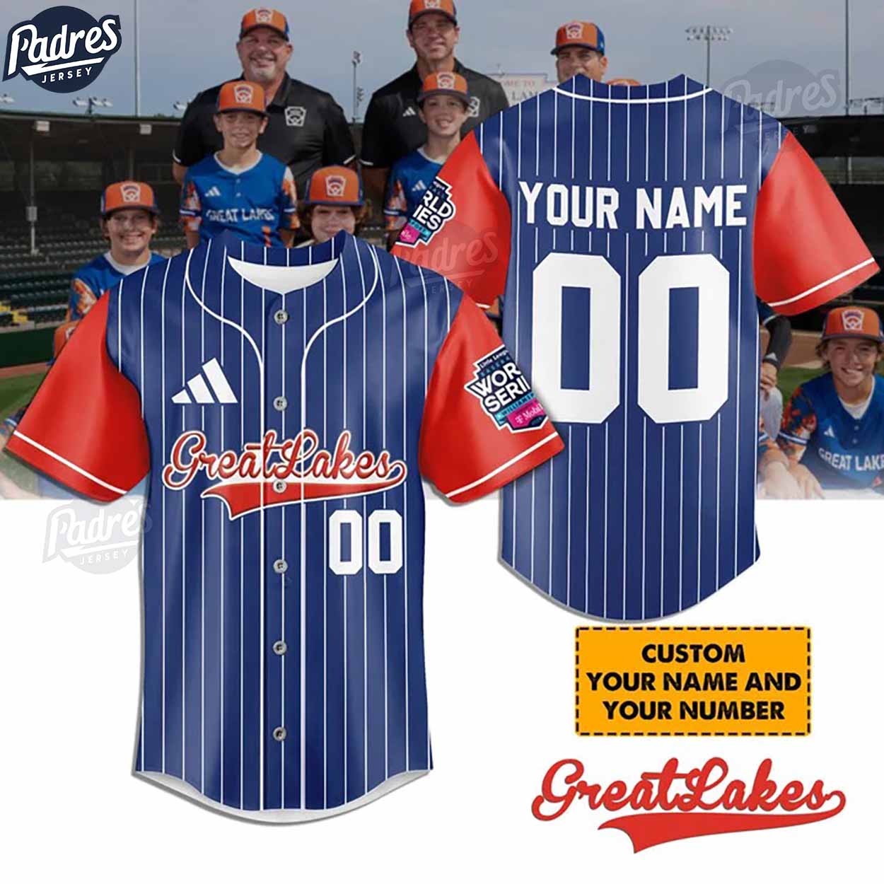 Little League Great Lakes Team Baseball Jersey - Padres Jersey Oasis: Elevate Your Baseball Style Game... (Image 1)
