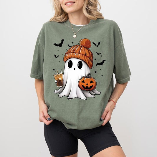 Little Pumpkin Ghost Coffee Shirt, Cute Coffee Ghost Tshirt for Women, Halloween Ghost Tee, Fall Autumn Boo Shirt for...