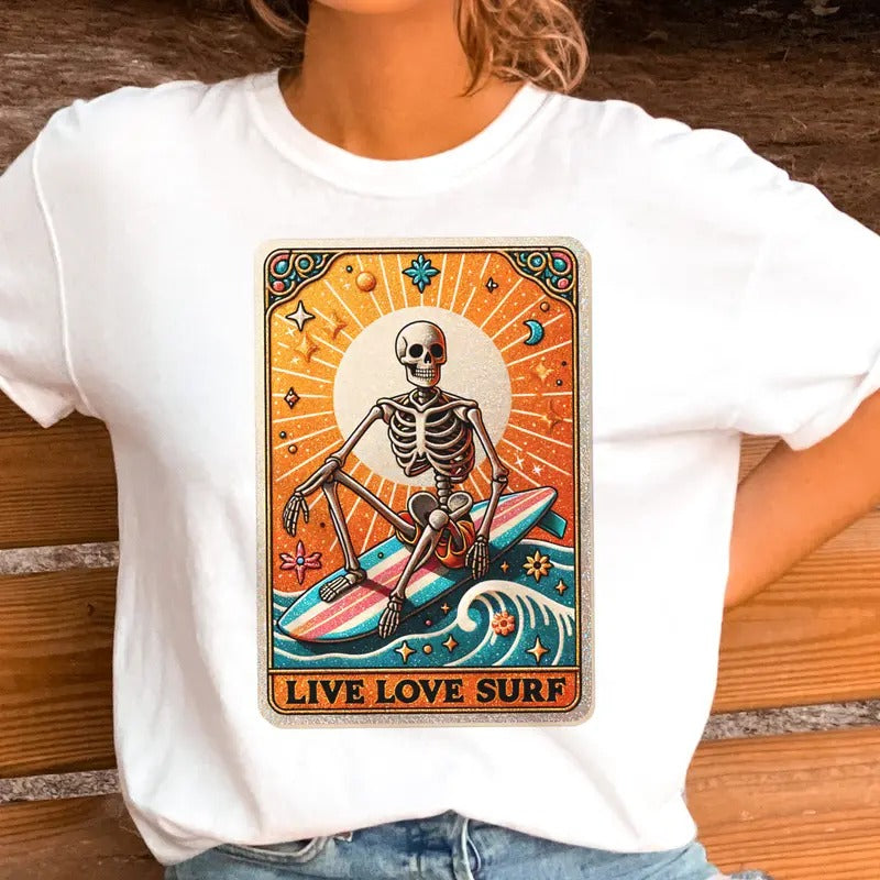 Live Love Surf Skull Tarot Tee Summer Live Love Surf Skeleton Tee Beach Tarot T-Shirt Hoodie, Sweatshirt | WearSparks.com