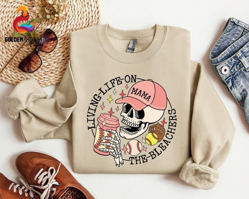 Living Life on the Bleachers Softball Mama Shirt, Baseball Mom Sweatshirt, Sports and Coffee Tee, Skull Shirt, Gift For...
