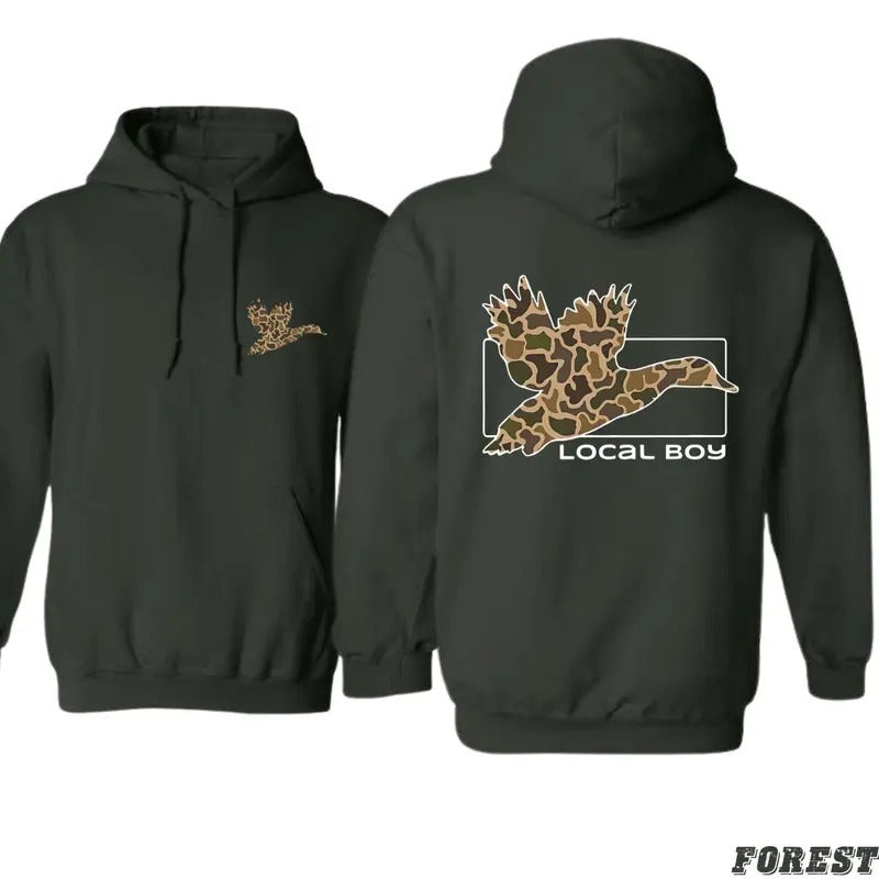 Local Boy Hoodie - Bold Flying Duck with Camo Design, Perfect for Outdoor Enthusiasts and Hunting Fans, Suitable for Men...