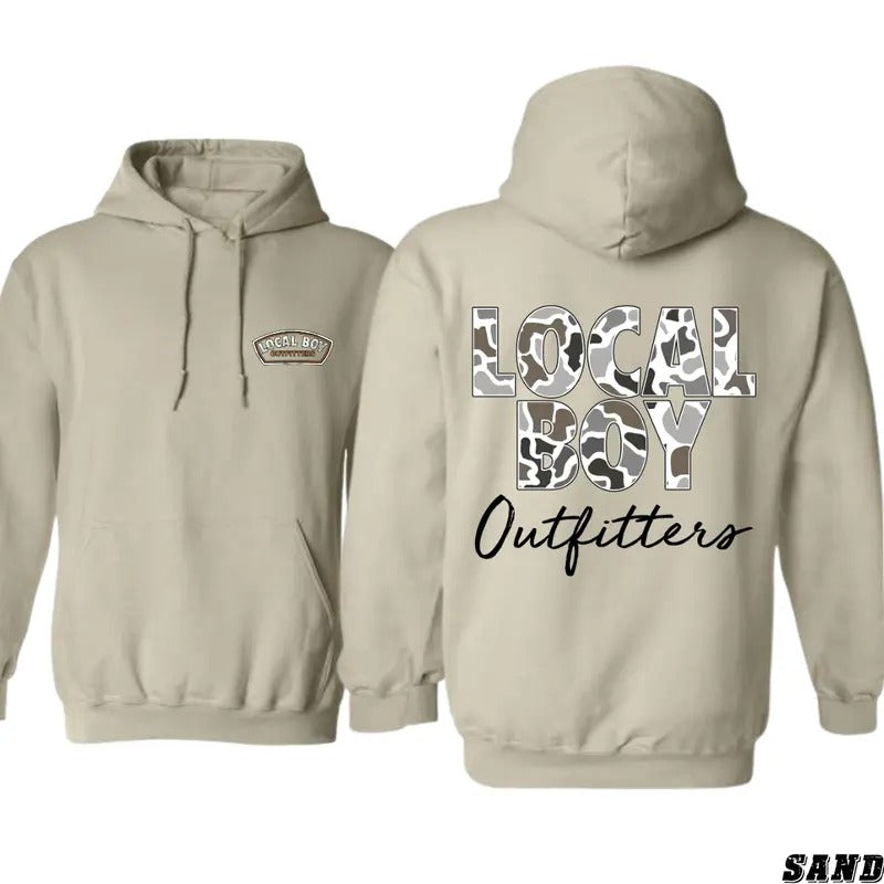 Local Boy Outfitters Camo Print Hoodie - Unisex Classic Fit with Bold Lettering - Sweaters, Menswear T-Shirts, Sweatshirt