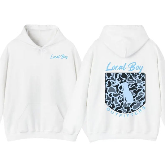 Local Boy Outfitters Hoodie - Classic Camouflage Design Featuring a Dog and Moon Graphic, Perfect for Outdoor Enthusiasts...