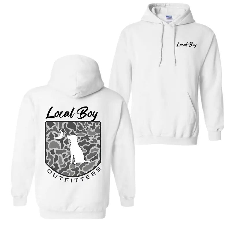 Local Boy Outfitters Hoodie Classic Camouflage Design Featuring a Dog and Moon Graphic, Ideal for Nature Lovers and...