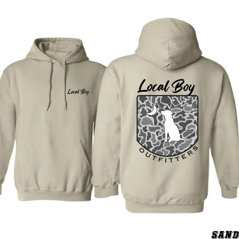 Local Boy Outfitters Hoodie Sweatshirt T-shirt, Classic Camouflage Design Featuring a Dog and Moon Graphic, Perfect for...