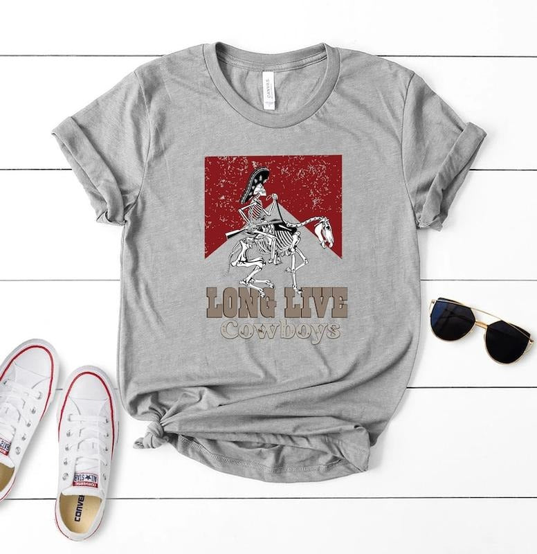 Long Live Cowboy T-shirt - Gray Cotton with Skeleton Design, Casual Summer Wear for Women Hoodie, Sweatshirt | WearSparks.com