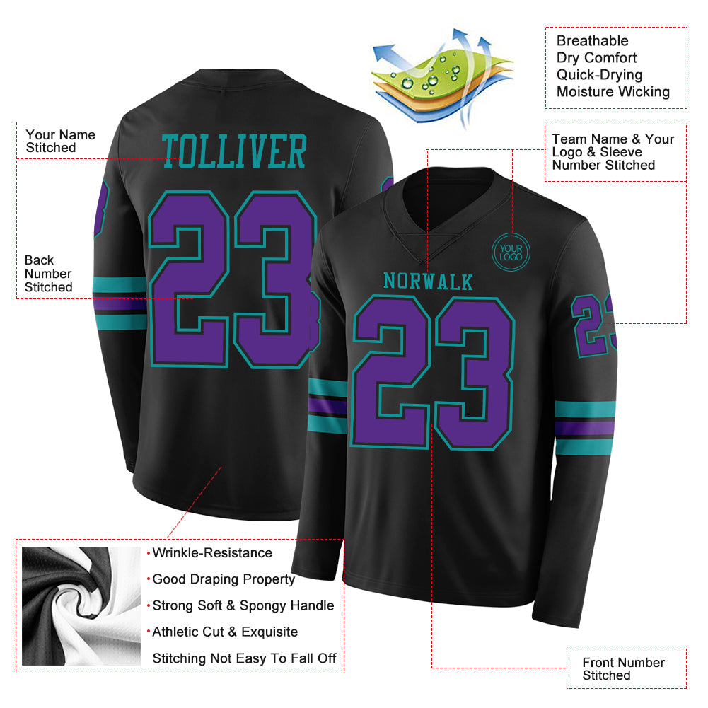 Custom Black Purple-Teal Long Sleeve Authentic Football Jersey T-Shirts, Hoodie, Sweatshirt | WearSparks.com (Image 2)