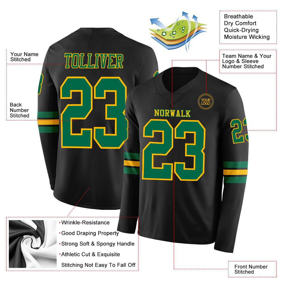 Custom Black Kelly Green-Gold Long Sleeve Authentic Football Jersey T-Shirts, Hoodie, Sweatshirt | WearSparks.com (Image 2)