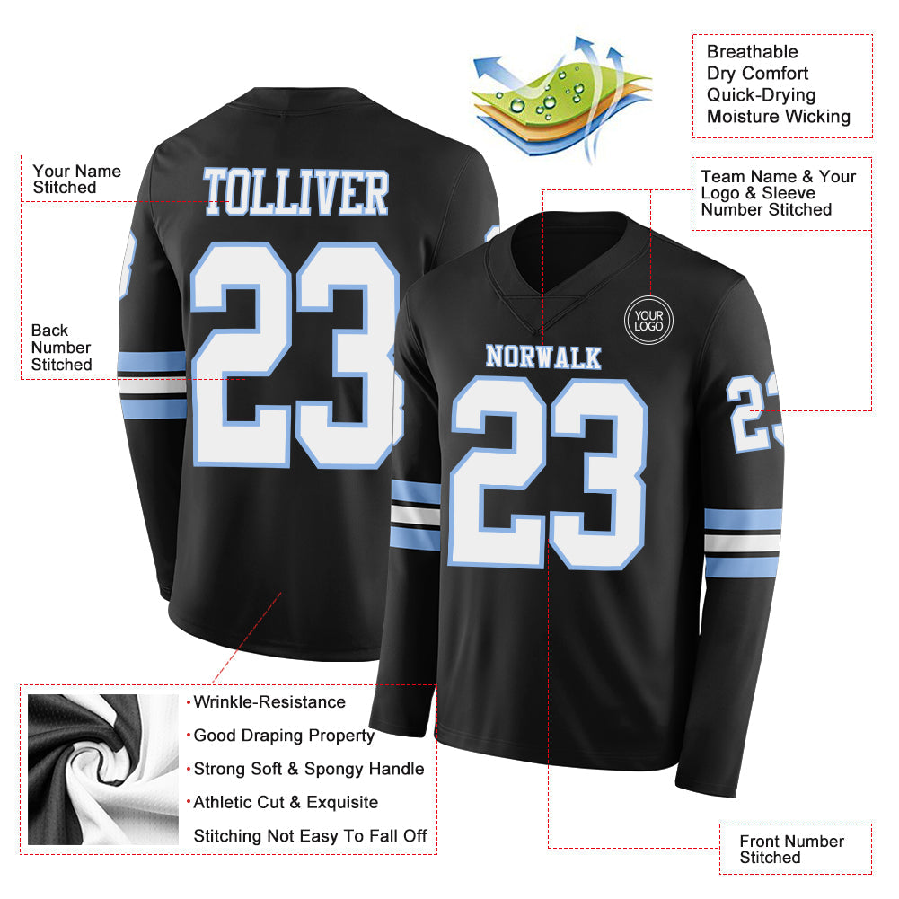 Custom Black White-Light Blue Long Sleeve Authentic Football Jersey T-Shirts, Hoodie, Sweatshirt | WearSparks.com (Image 2)