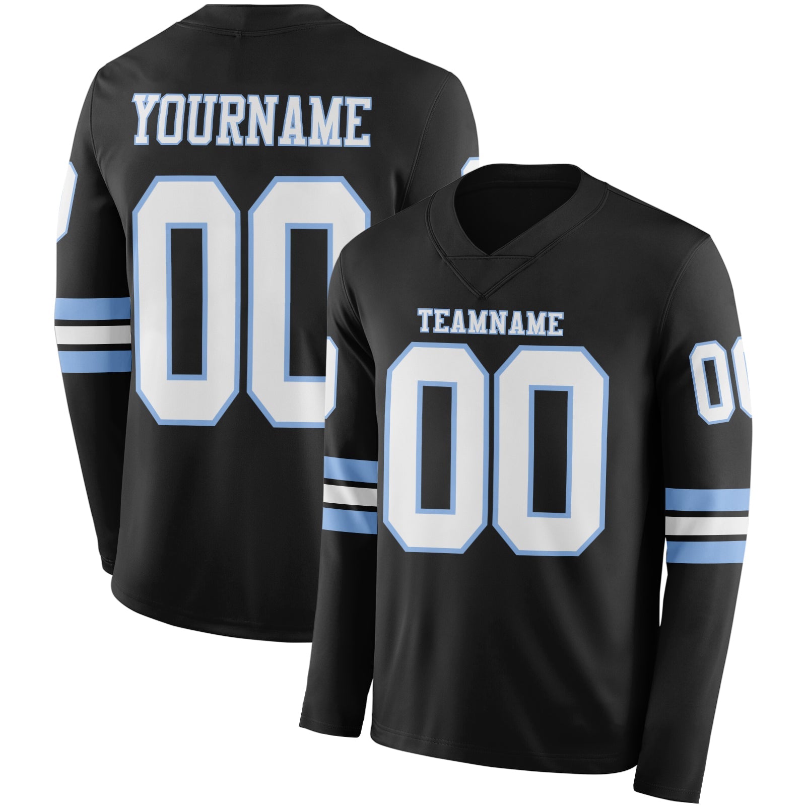 Custom Black White-Light Blue Long Sleeve Authentic Football Jersey T-Shirts, Hoodie, Sweatshirt | WearSparks.com (Image 1)