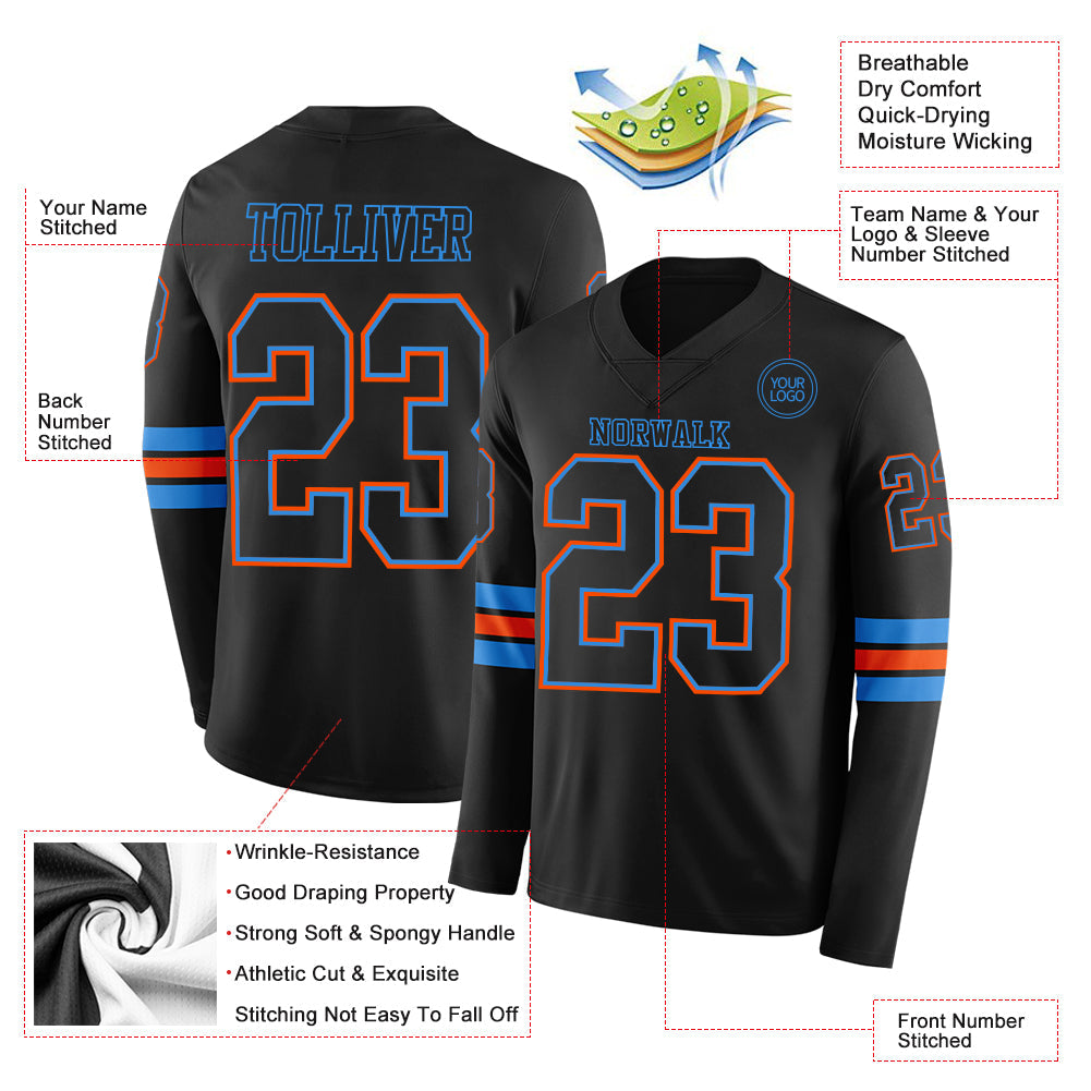 Custom Black Powder Blue-Orange Long Sleeve Authentic Football Jersey T-Shirts, Hoodie, Sweatshirt | WearSparks.com (Image 2)