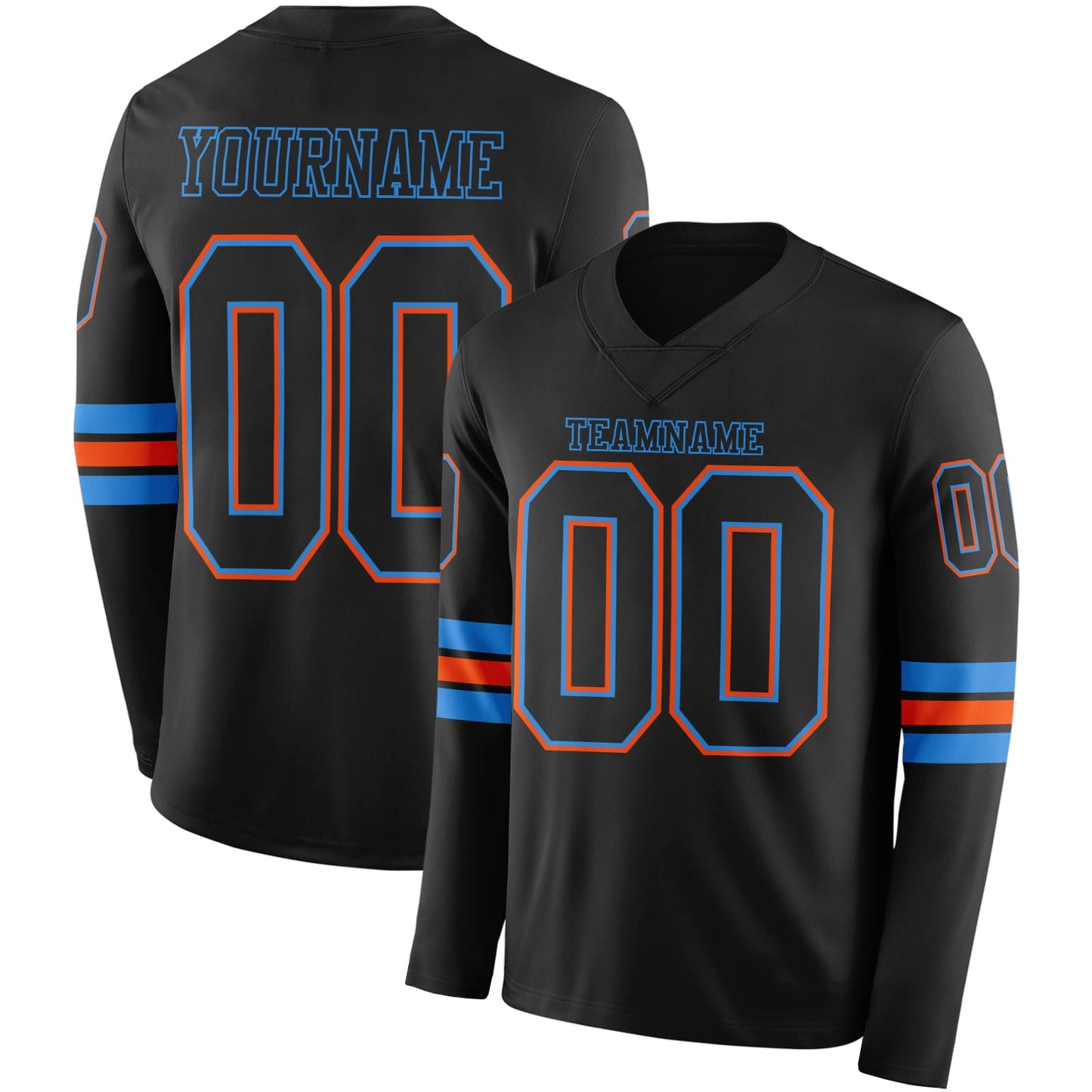 Custom Black Powder Blue-Orange Long Sleeve Authentic Football Jersey T-Shirts, Hoodie, Sweatshirt | WearSparks.com (Image 1)