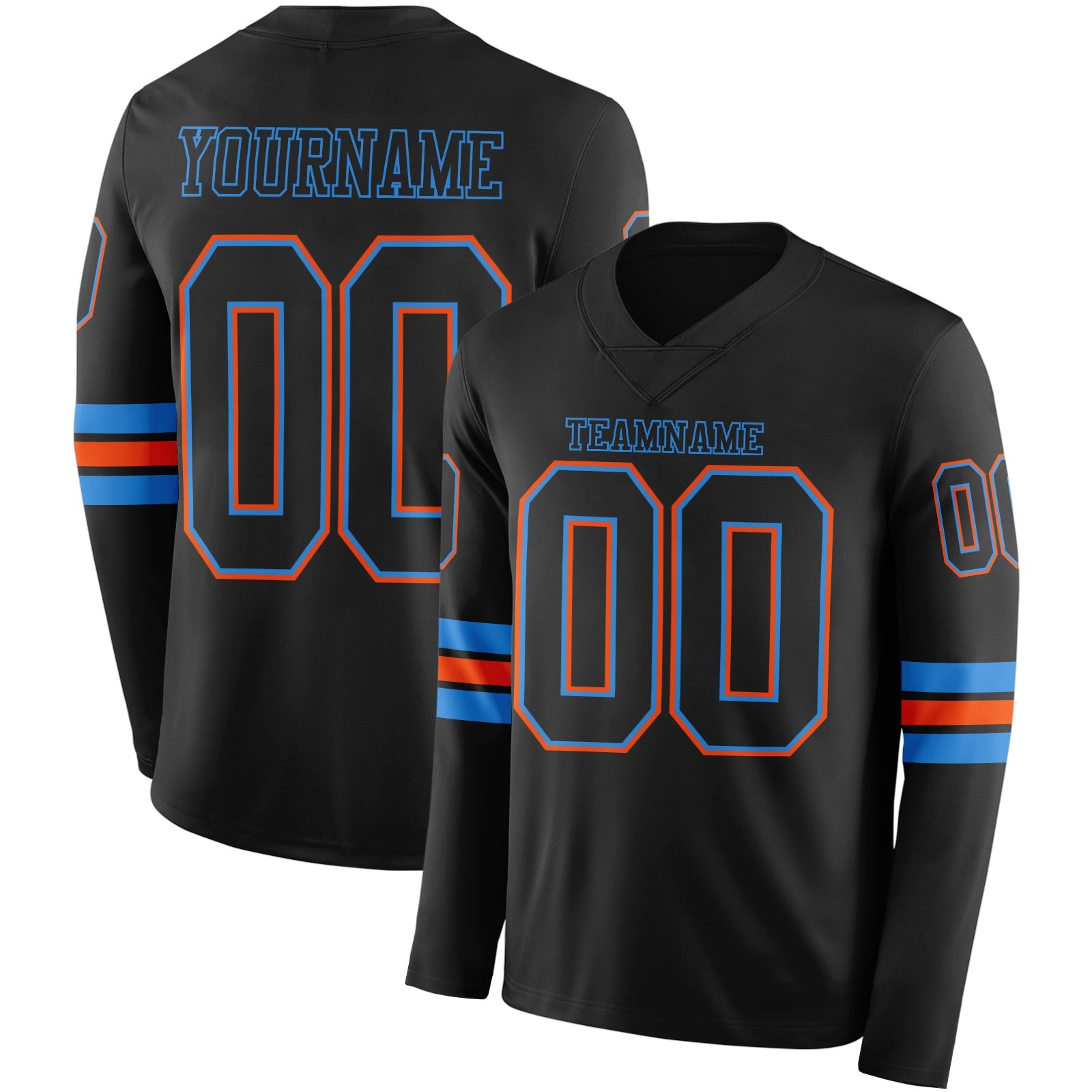 Custom Black Powder Blue-Orange Long Sleeve Authentic Football Jersey T-Shirts, Hoodie, Sweatshirt | WearSparks.com (Image 1)