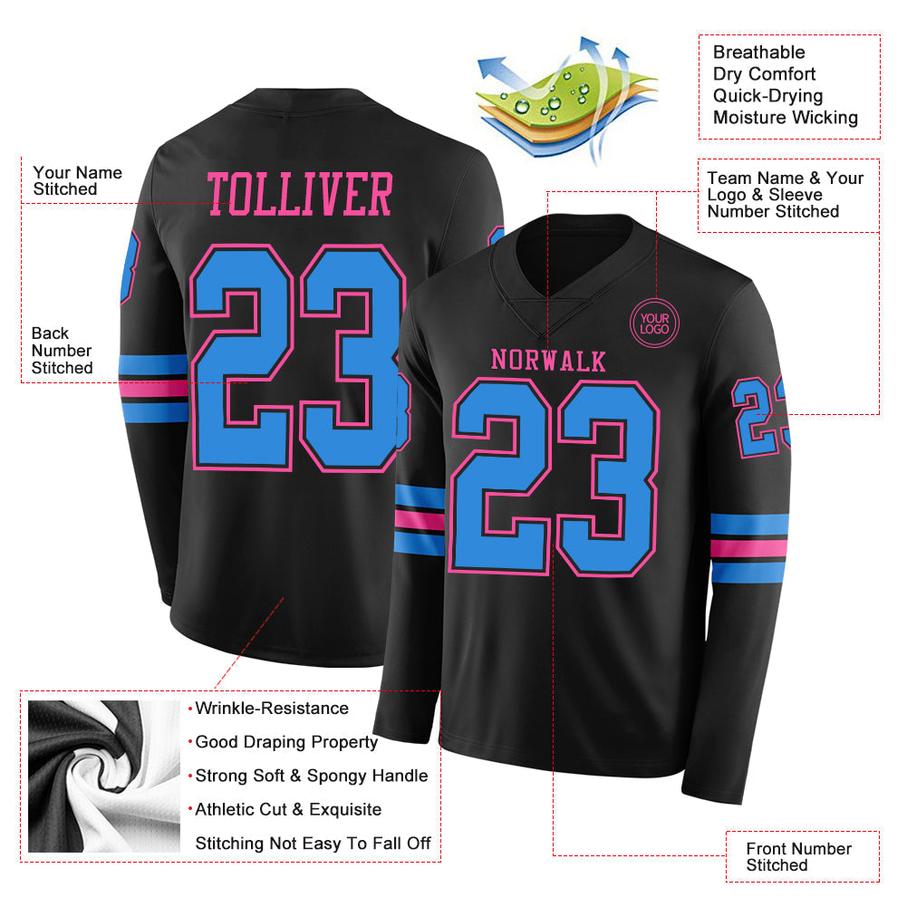 Custom Black Powder Blue-Pink Long Sleeve Authentic Football Jersey T-Shirts, Hoodie, Sweatshirt | WearSparks.com (Image 2)