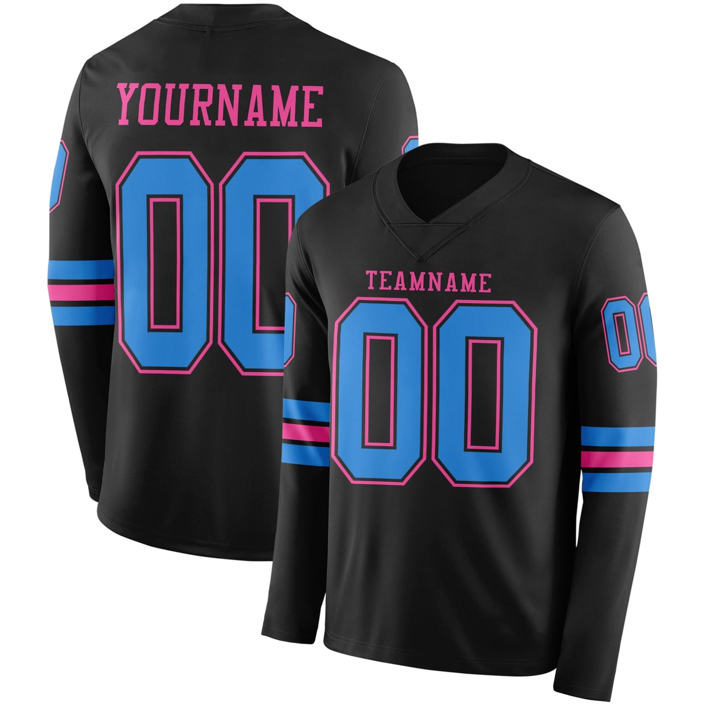 Custom Black Powder Blue-Pink Long Sleeve Authentic Football Jersey T-Shirts, Hoodie, Sweatshirt | WearSparks.com (Image 1)
