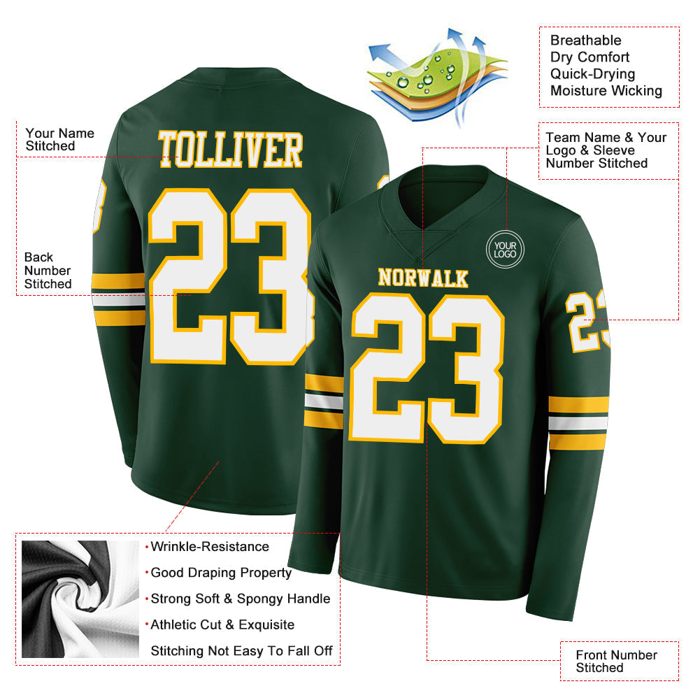 Custom Green White-Gold Long Sleeve Authentic Football Jersey T-Shirts, Hoodie, Sweatshirt | WearSparks.com (Image 2)