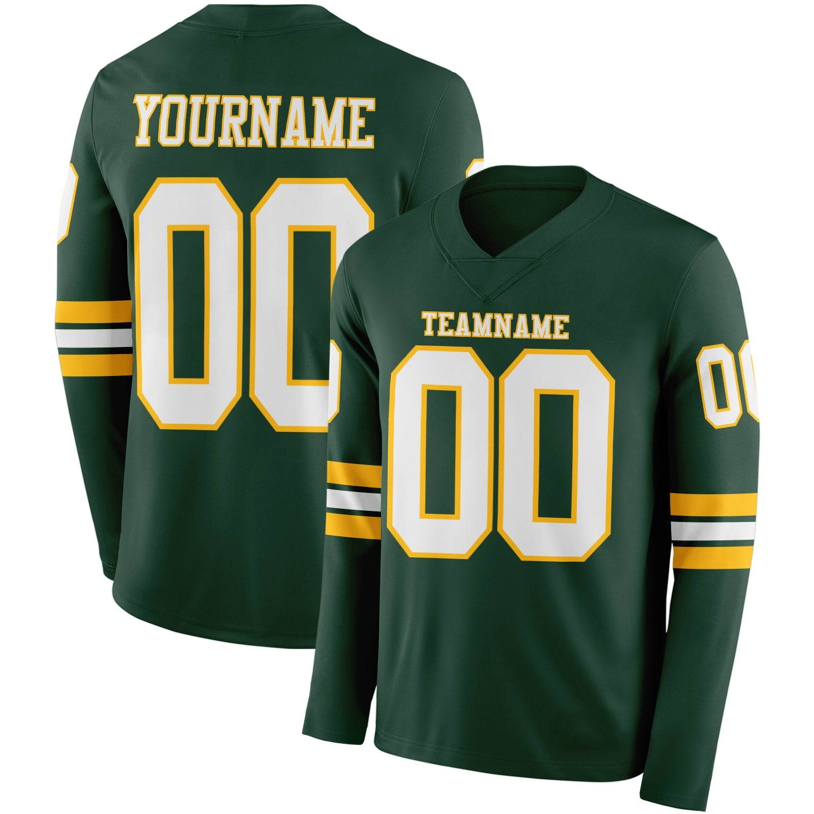Custom Green White-Gold Long Sleeve Authentic Football Jersey T-Shirts, Hoodie, Sweatshirt | WearSparks.com (Image 1)