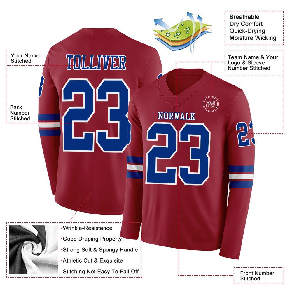 Custom Cardinal Royal-White Long Sleeve Authentic Football Jersey T-Shirts, Hoodie, Sweatshirt | WearSparks.com (Image 2)