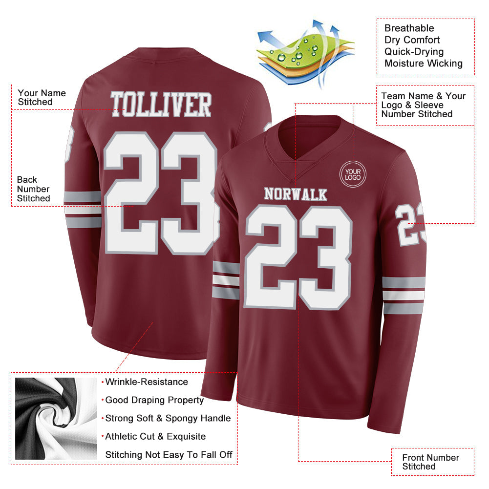 Custom Burgundy White-Gray Long Sleeve Authentic Football Jersey T-Shirts, Hoodie, Sweatshirt | WearSparks.com (Image 2)