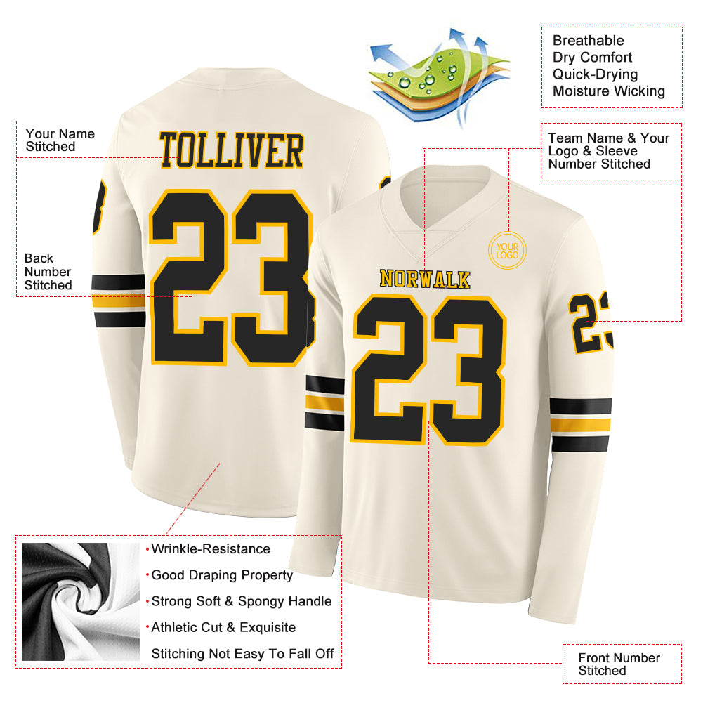 Custom Cream Black-Gold Long Sleeve Authentic Football Jersey T-Shirts, Hoodie, Sweatshirt | WearSparks.com (Image 2)