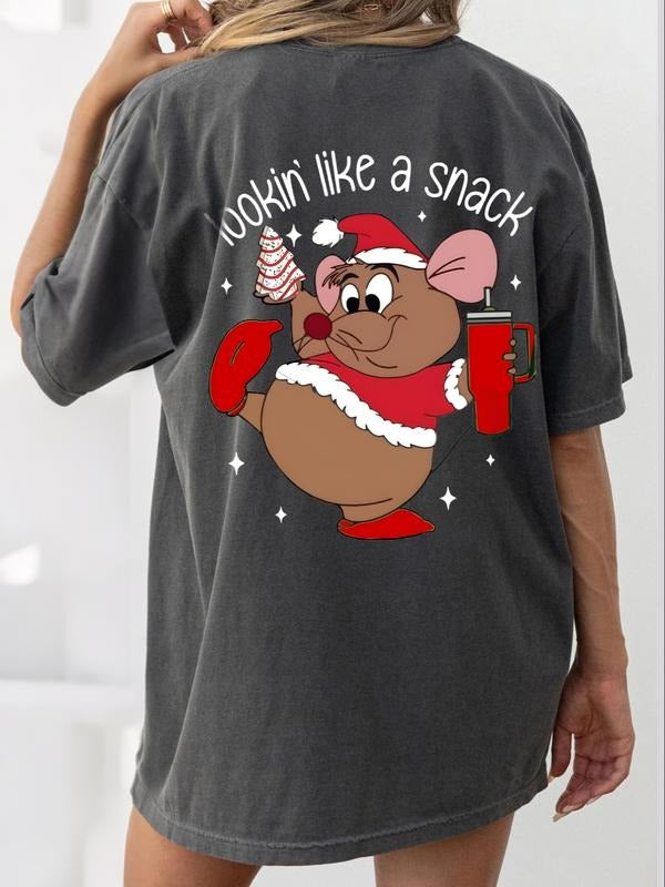 "Lookin' Like A Snack" Christmas Mouse Oversized Tee - Women's Vintage Washed Front & Back Graphic T-Shirt, Casual...