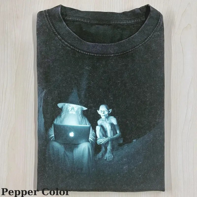 Lord of the Rings Vintage Tee, Gollum and Gandalf on MacBook T-Shirt, Meme Cringe Funny Dumb Shirts, Unisex Movie Shirt...