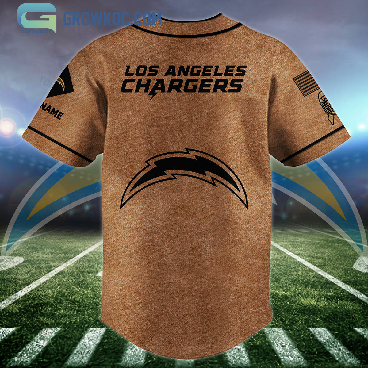 Los Angeles Chargers Brown American Flag Personalized Baseball Jersey