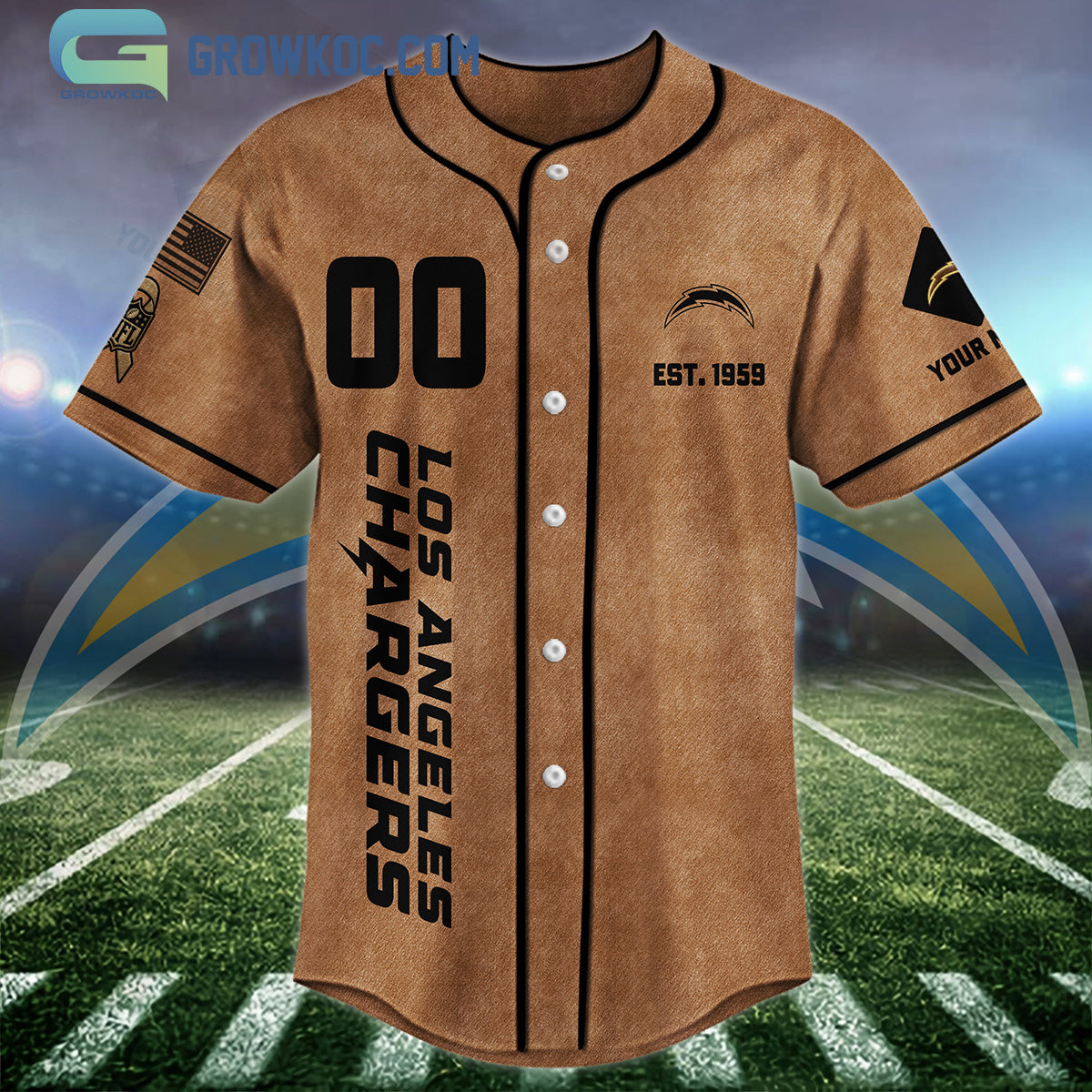 Los Angeles Chargers Brown American Flag Personalized Baseball Jersey