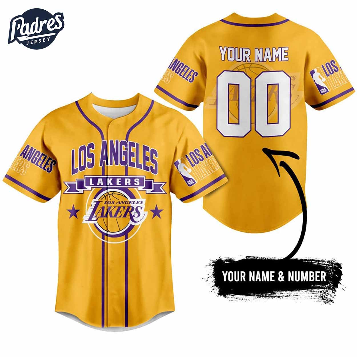 Los Angeles Lakers Baseball Jersey Outfit - Custom Name - Padres Jersey Oasis: Elevate Your Baseball Style Game... (Image 2)