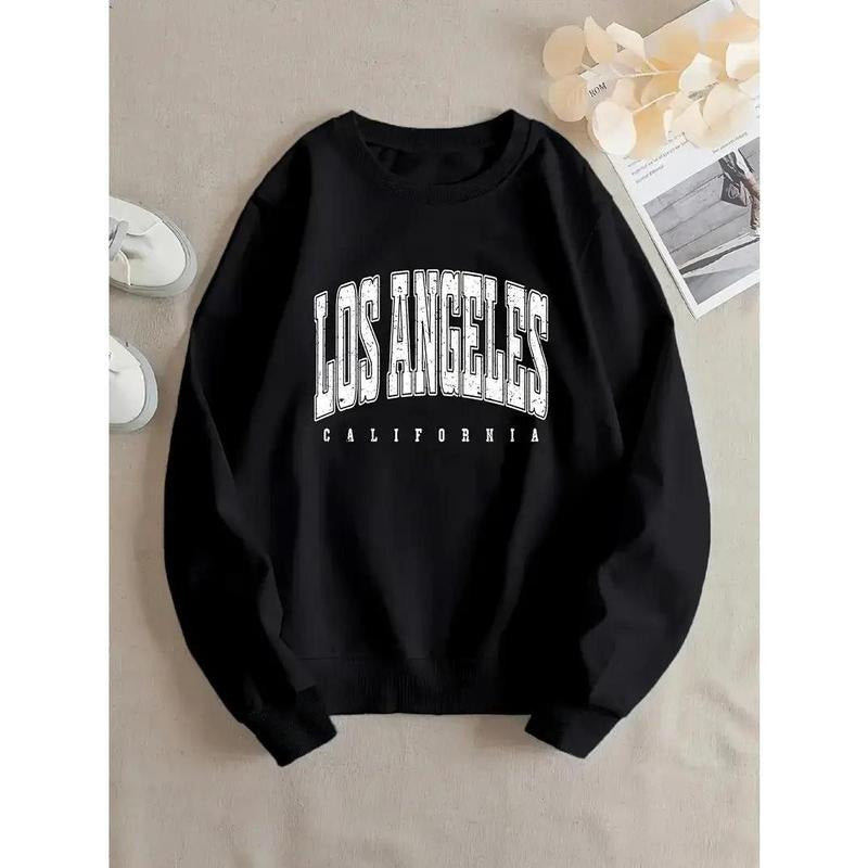 Los Angeles Print Pullover Sweatshirt, Casual Long Sleeve Crew Neck Sweatshirt, Women's Clothing T-Shirts, Hoodie