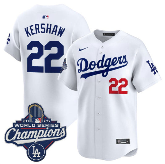 Los Angeles Dodgers #22 Clayton Kershaw White 2025 World Series Champions Patch