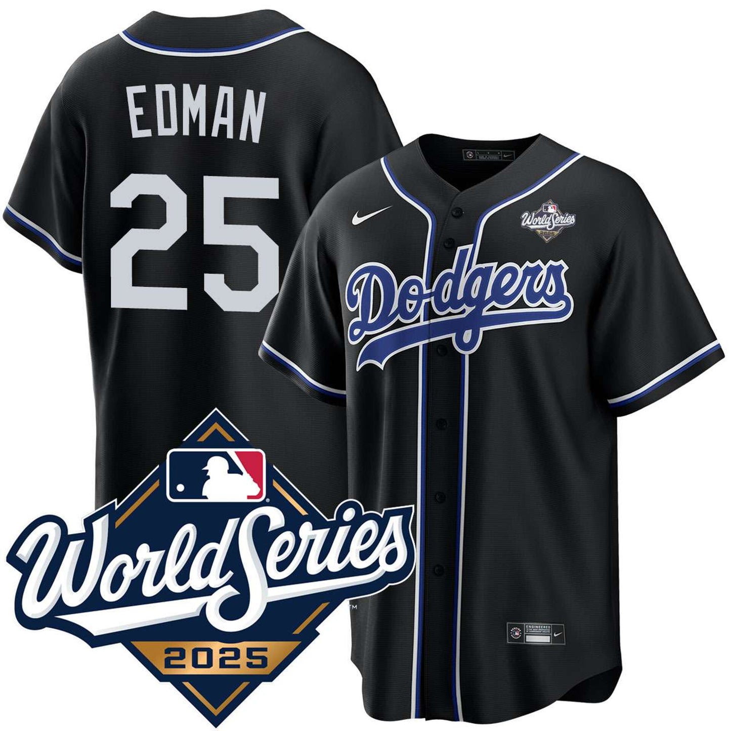 Los Angeles Dodgers #25 Tommy Edman Black Lights Out 2025 World Series Jersey