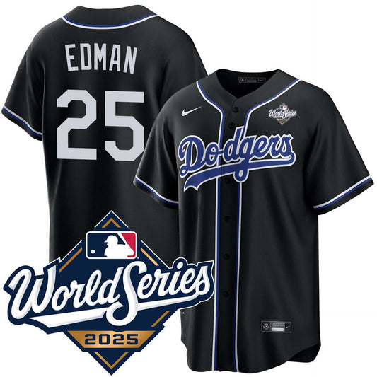 Los Angeles Dodgers #25 Tommy Edman Black Lights Out 2025 World Series Jersey