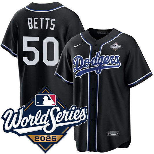Los Angeles Dodgers #50 Mookie Betts Black Lights Out 2025 World Series Jersey